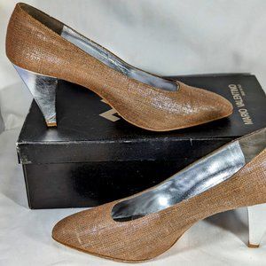 Size 7 1/2 Italian Light Brown Pump with Silver Metallic Heel, Mario Valentino